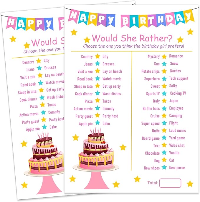 Birthday Girl Party Game-Would She Rather-20 Birthday Game Card Set- Girl Birthday Party Activity Notebook Themed Party Activity and Idea - Girl Birthday Supplies, Activity, Decorations