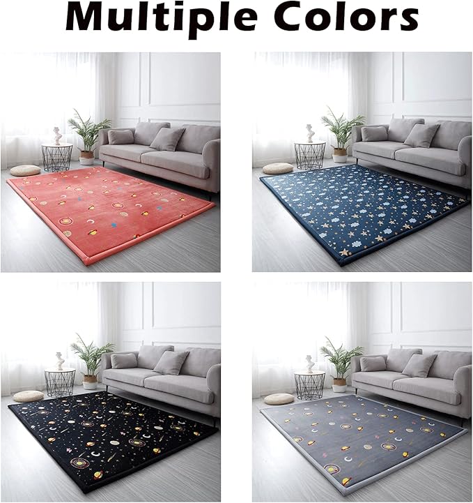 Loartee Coral Velvet Area Rug - 1" Thick Memory Foam Baby Play Mat, Washable Toddler Carpet, Home Decor for Living Room, Nursery, Kids Bedroom, Starry Blue, 6'7"x7'10"