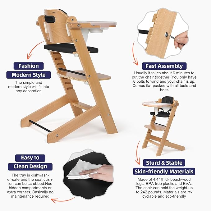 Cowiewie Natural Wooden High Chair for Babies & Toddlers 3-Tier Remove & 2 Adjustable Tray, 8 Adjustable Highchair with Cushions, Easy to Clean (Black)