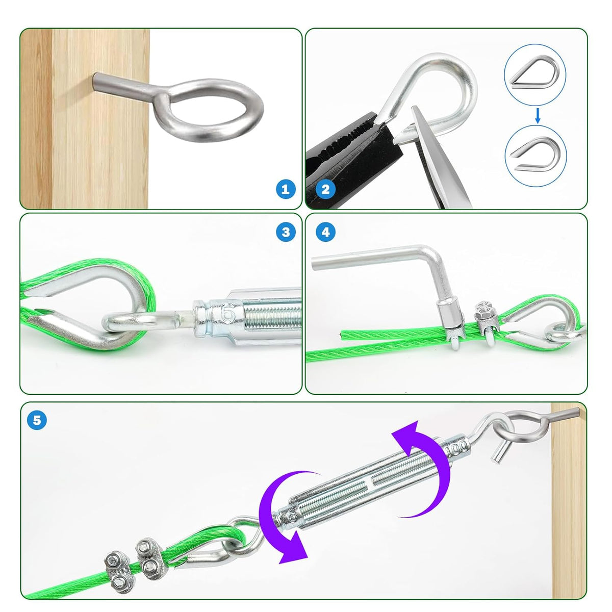 M6 Turnbuckles for Cables Wire, 3/16" Green PVC Coated Wire Rope Kit, Multi-use Steel Cable for Grape Vines/Clothes Line Outdoors for T Post/String Light Hanging/Garden Wire