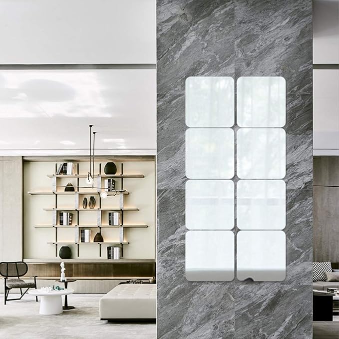 Acrylic Mirror Sheet Self Adhesive Wall Mounted Home Décor Non Glass Sticky Mirror Tile Thickness 0.08in (2mm) Square 8x8 inch