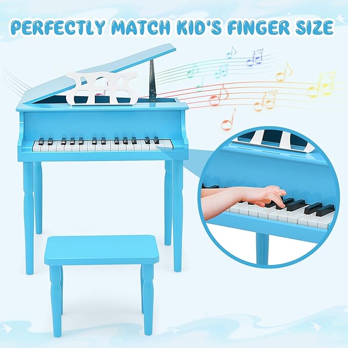 Goplus 30-Key Classical Kids Piano, Mini Grand Piano Wooden Learn-to-Play Musical Instrument Toy with Bench, Piano Lid, Music Rack, Gift for Boys Girls Aged 2+ Baby Toddler (4 Straight Leg-Blue)