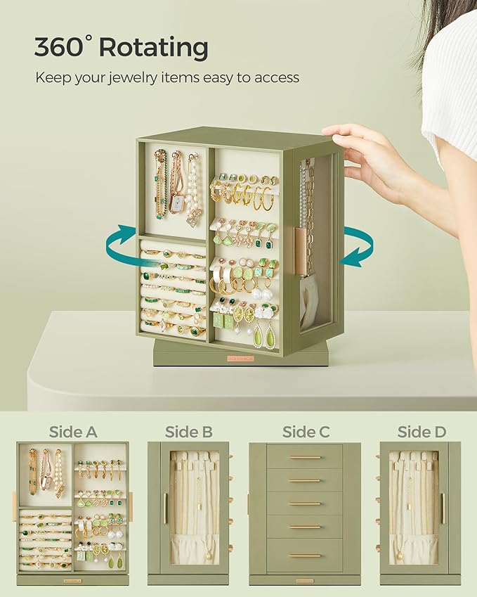 SONGMICS Jewelry Box 360° Rotating, Jewelry Storage Case with 5 Drawers, Jewelry Organizer, Glass Window, Spacious, Vertical Jewelry Storage, Open Design, Great Gift, Laurel Green UJBC170C02