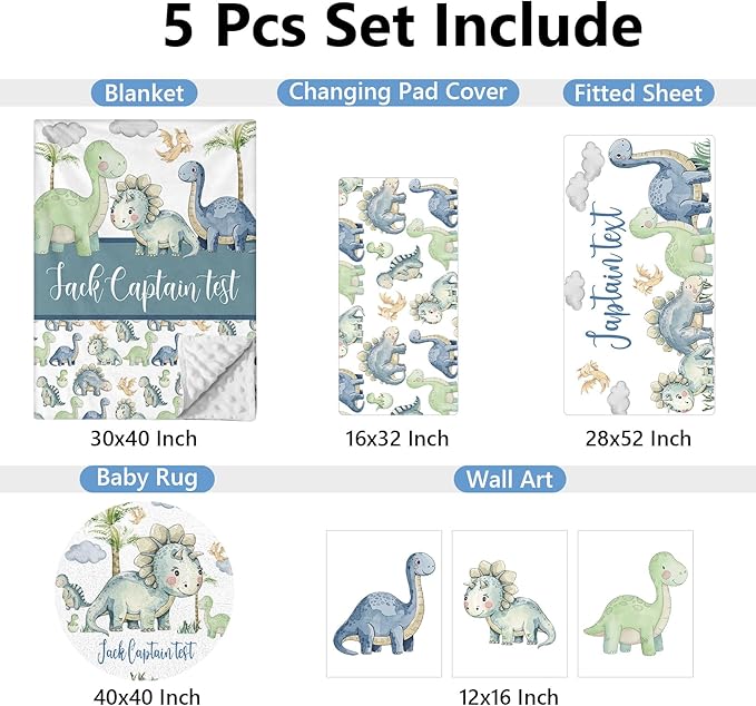 Custom Baby Crib Bedding Set, 5 Pcs Personalized Name Green Dino Baby Crib Set for Kid Infant Toddler, Double Layer Customized Present