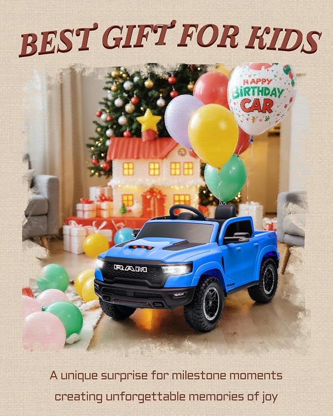 12V Kids Electric Vehicles, Licensed Ram 1500 RHO Kids Ride on Truck with Remote Control, Ride on Car for Children with Smooth Start, Truck Bed Storage, Bluetooth, Aux Port (Blue)