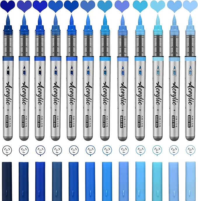 Blue Acrylic Paint Pens,12 Color Paint Pens Markers,Brush Tip Paint Pens for Rock Painting Wood Glass Ceramic Canvas Stone DIY Crafts Making Art Supplies
