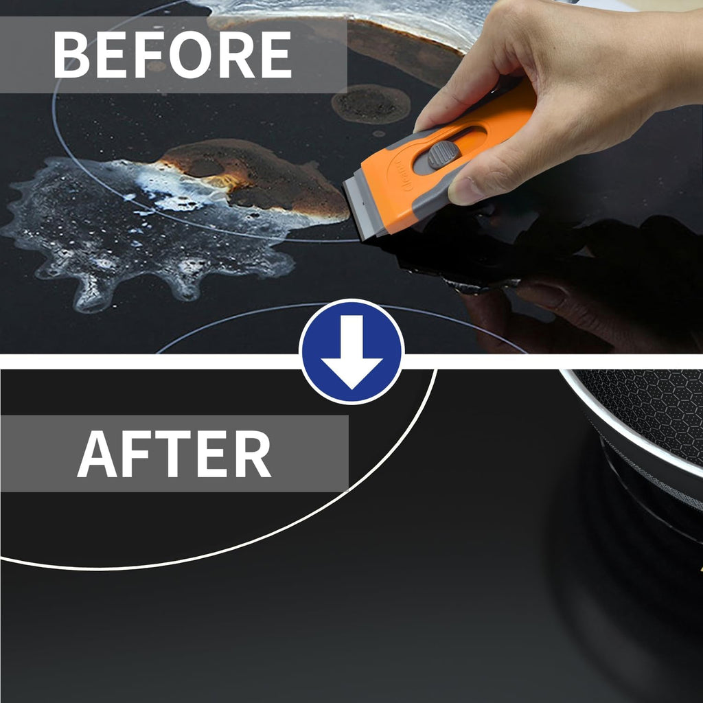 Razor Blade Scraper with 15 Extra Blades: Multi-Surface Cleaning Tool for Glass, Ceramic Cooktops, Ovens, Glass Top Stoves and Foot - Removes Burned-On Food, Tough Stains, Dirt, Stickers, and Paint