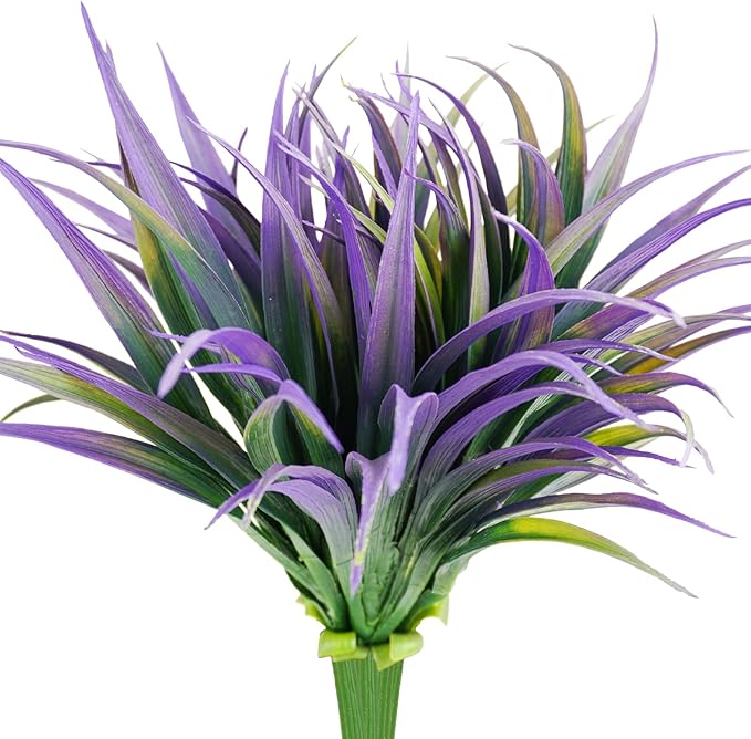 6Pcs Artificial Grass Fake Plants 17.3in Outdoor Plants UV Resistant Faux Greenery Stems Fake Grass for Home Window Garden Office Patio Pathway Front Porch Halloween Décor Green & Purple
