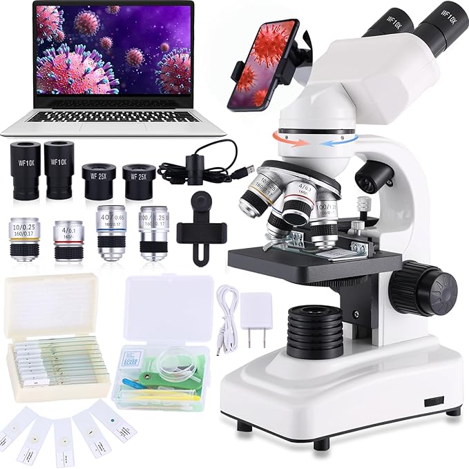 Compound Microscope，40X-2500X Research Class Professional Microscope，WF10x and WF25x eyepieces, Dual LED Lighting and Two-Layer Mechanical Stage，Microscope for Adults…