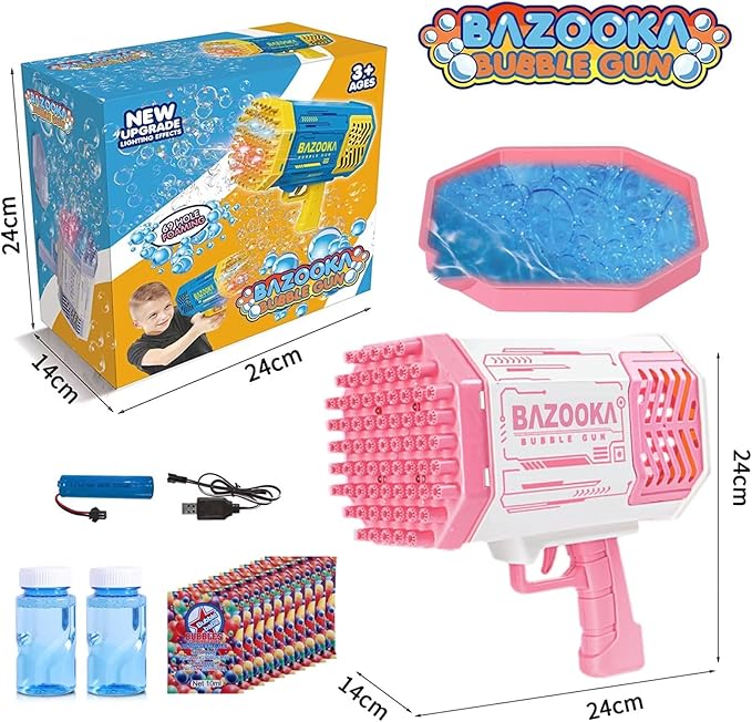 Bubble Machine Gun, 69 Holes Bubble Gun with Lights, Pink Outdoor Summer Beach Kids Bubbles Toys Birthday Wedding Party Halloween Fun for Girls Boys