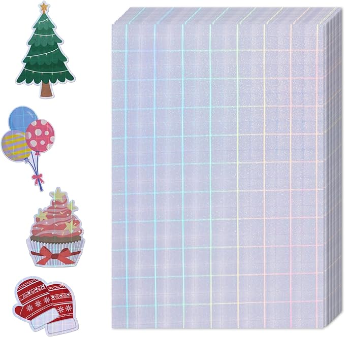 36 Sheets Holographic Sticker Paper,Holographic Laminate Sheets,A4 Size Clear Vinyl Sticker Sheets Self-Adhesive Rainbow Overlay Sheets,11.7 x 8.3 Inches（Grid）