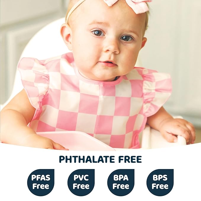 Tiny Twinkle Mess Proof Baby Bibs for Eating - Waterproof, Wipeable Bibs - Toddler Bibs - Travel Friendly - PFAS, PVC, BPA, Phthalate Free - Baby Food Bibs(3 Pack,Checkers Girl)
