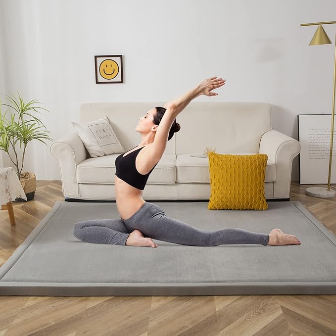 MAXYOYO Grey Coral Velvet Area Rug, Thick Japanese Tatami Mat Living Room Carpet with Non-Slip Backing, Large Solid Color Mat for Bedroom Dormitory Yoga, 78 by 78 inch