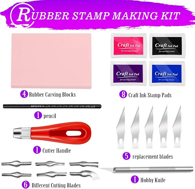 WAYCOM 18 Pcs Rubber Stamp Making Kit, Linoleum Cutter Set, Craft Ink Pad, Hobby Knife, Pencil for DIY Stamp Carving Craft