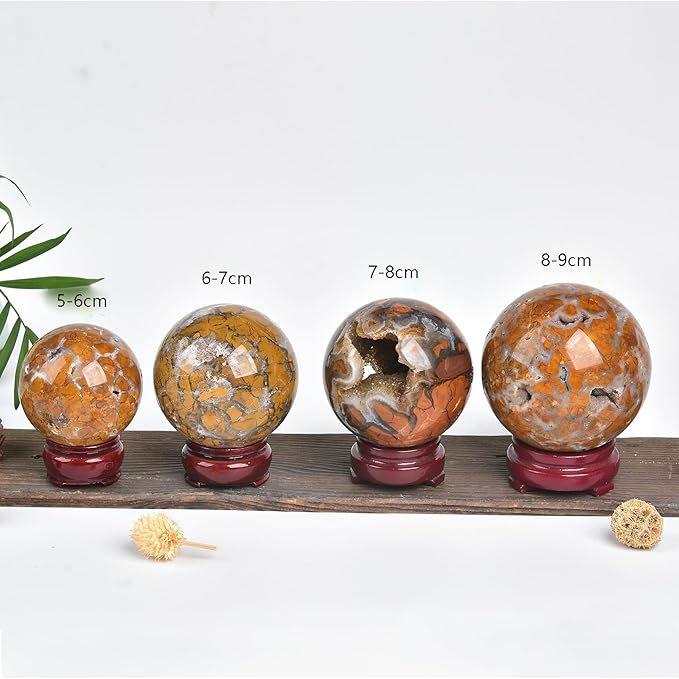 JIC Gem Natural Healing Crystal Sphere Ball Yellow Agate Crystal Decorative Ball with Display Stand Chakra Meditation Fengshui (80-90mm)