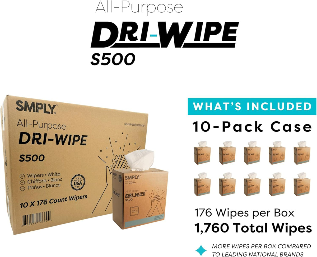 Dri-Wipe S500 by SMPLY Brands – All-Purpose Disposable Wipes, 10 Boxes of 176 (1,760 Total Wipes), Strong Alternative to Shop Towels & Paper Towels, 8" x 12" Center-Pull Sheets