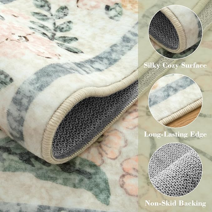 Wonnitar Large Washable 8x10 Rug, Boho Living Room Rug 8 x 10, Soft Floral Carpet for Bedroom Non Slip, Indoor Soft Beige Carpets for Dining Room Apartment Office