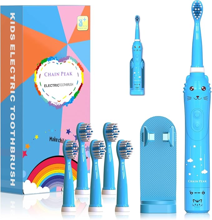 Kids Sonic Electric Toothbrush, Rechargeable Smart Toothbrush for Children Toothbrush for Toddlers Boys Girls Age 3-12 with 30s Reminder, 2 Mins Timer, 6 Modes, 6 Brush Heads, Wall-Mounted Holder