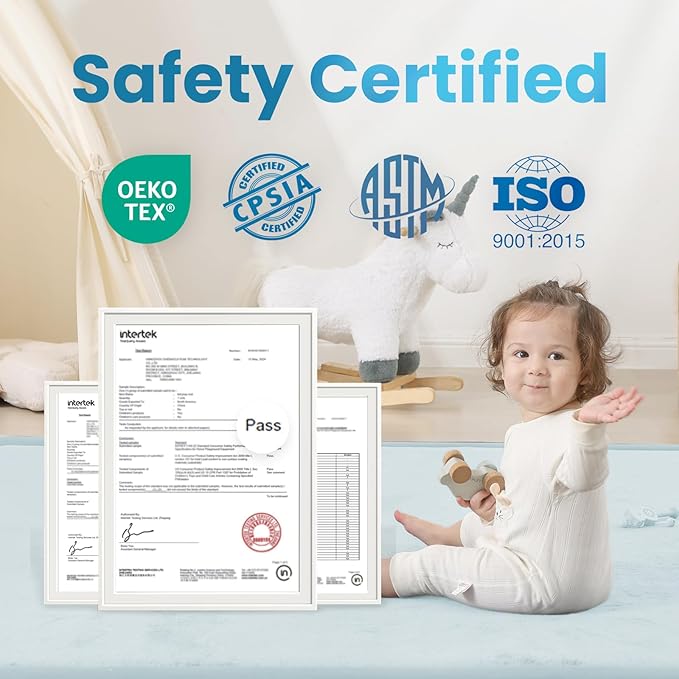 Baby Play Mat for Kids Room,Extra Thick Elasti-Foam Anti-Fall Cushion Mat for Babies,Toddlers,Infants,Water-Repellent&Non-Slip Bedroom Bedside Rugs(Ice Blue)