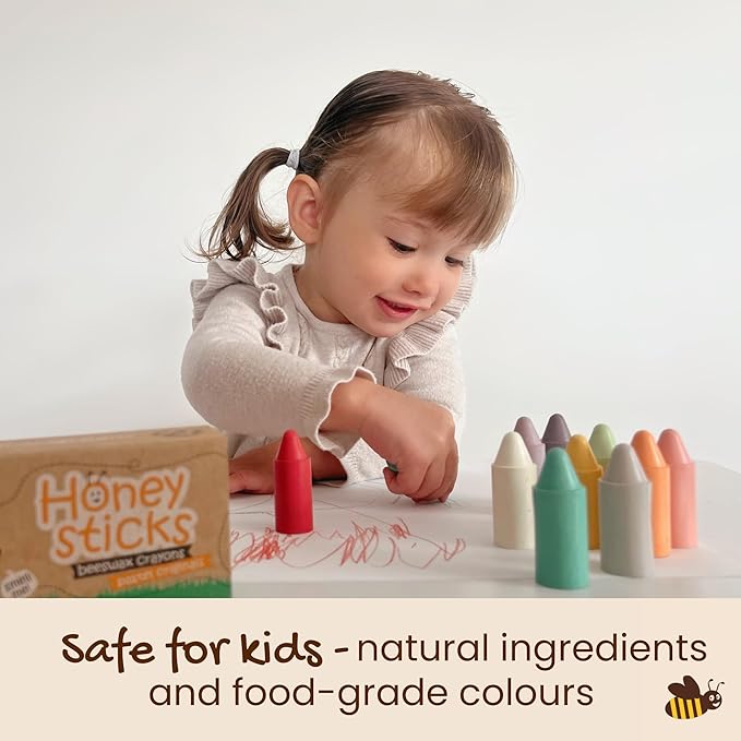 Honeysticks 100% Pure Beeswax Crayons (12 Pack) - Pastel Colored, Non Toxic Crayons, Safe for Babies and Toddlers, For 1 Year Plus, Made with Natural Beeswax and Food-Grade Colors, Eco-Friendly