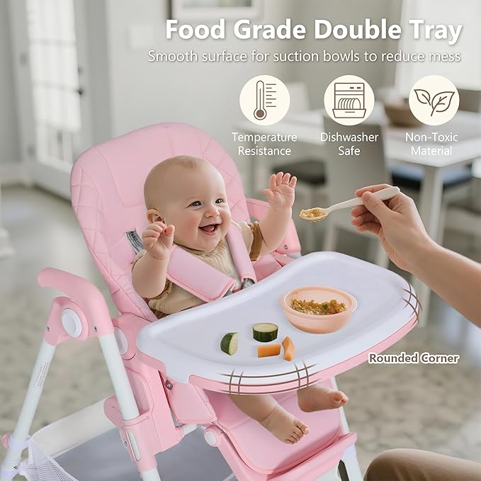 Kinder King Convertible Baby High Chair, Adjustable Feeding Chair for Babies and Toddlers with Removable Double Tray, Simple Compact Fold for Space-Saving, 2 Built-in Wheels, Easy to Clean, Pink