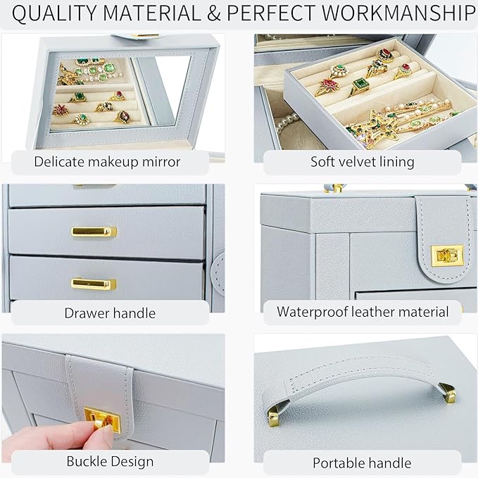 AKOZLIN Functional 6-Tier Jewelry Box Organizer with 5 Drawers Leather Jewelry Storage Case for Women Girls Ring Necklace Earring Bracelet Holder Organizer with Mirror Grey