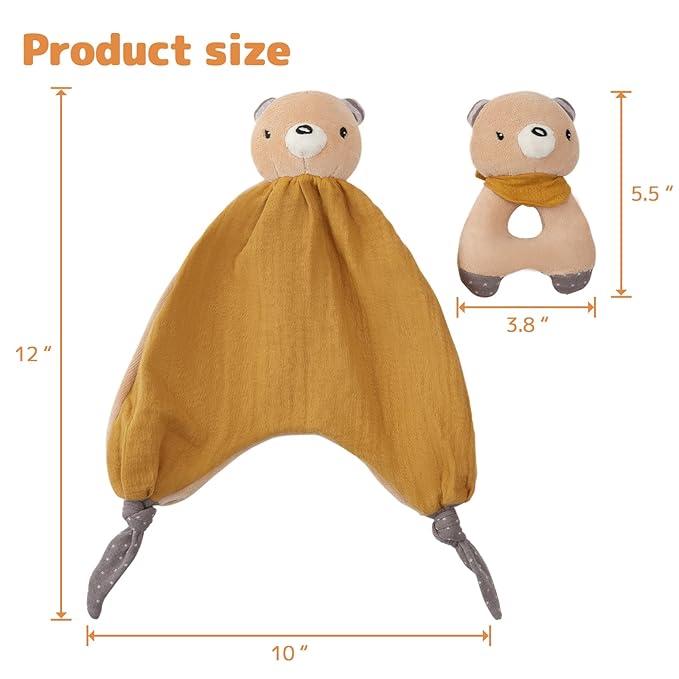Organic Cotton Stuffed Animal Rattle Baby Toys, Plush Bear Cuddle Cloth and Hand Grip Ring Rattles Plush Toy Set for Newborns Infant Boys Girls, 2 PCS