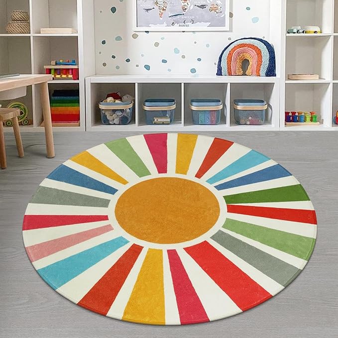 STARUIA Round Boho Rug 6 Ft Washable Round Area Rug for Playroom, Sunshine Circle Rug for Kids Room, Non-Slip Circluar Rainbow Carpet Soft Large Kids Rug for Classroom Dorm Bedroom