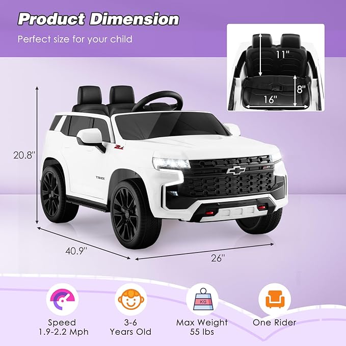 Costzon Ride on Car, 12V Licensed Chevrolet Tahoe Battery Powered Electric Vehicle w/ 2.4G Remote Control, High/Low Speed, Music, Lights, MP3/USB/FM, Spring Suspension, Electric SUV for Kids (White)