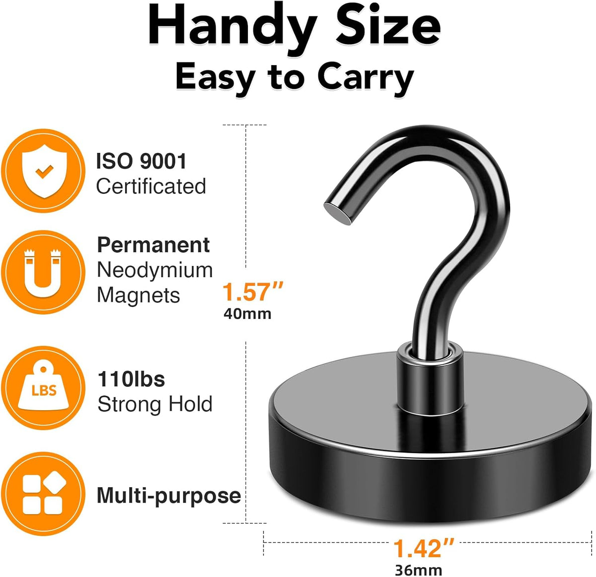 MIKEDE Magnetic Hooks Heavy Duty, 150LB+ Strong Black Magnets Hooks for Refrigerator, Rare Earth Neodymium Hooks with Epoxy Coating, Cruise Magnets with Hook for Hanging, Garage - 6 Pack