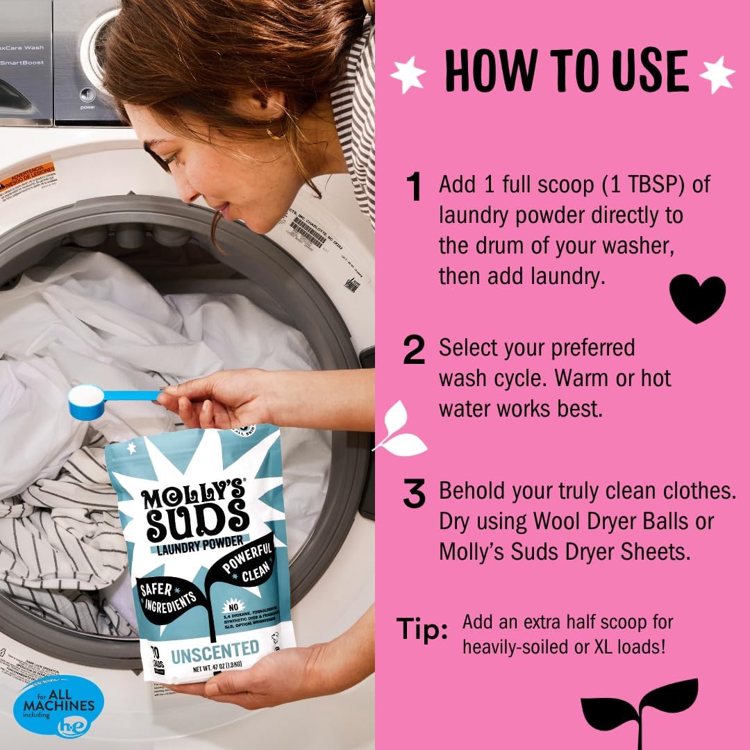 Molly's Suds Original Laundry Detergent Powder | Clean Laundry Detergent Powder for Sensitive Skin | Simple, Effective Ingredients, Stain Fighting | 120 Loads (Lotus & Peony)