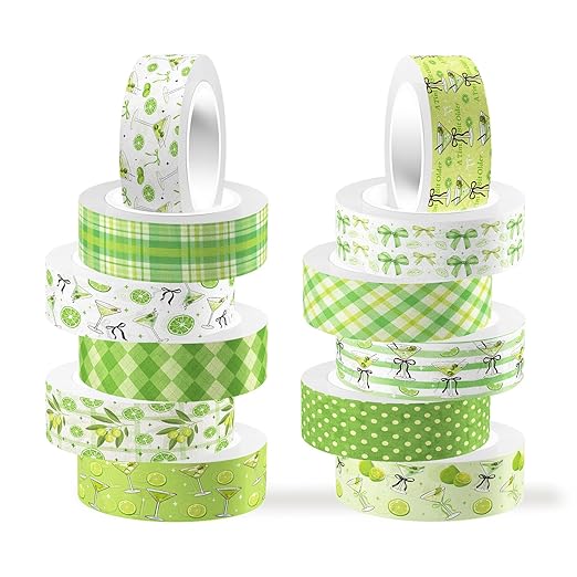 12 Rolls Greenery Washi Tape, Martini Bow Lemon Masking Tape, Checkered Martini Glass Decorative Sticker for Summer Party Afternoon Tea Scrapbook Journal DIY Craft Gift Wraps 16.4FT