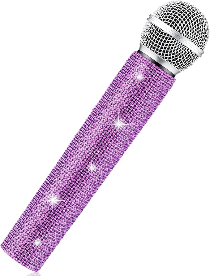 Sanwuta Fake Microphone Prop Sparkly Bling Rhinestones Plastic Play Microphone Pretend Glitter Bedazzled Mic for Cosplay Party Costume(Purple)