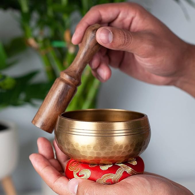 Tibetan Singing Bowl Set - Easy To Play for Beginners - Authentic Handcrafted Mindfulness Meditation Holistic Sound 7 Chakra Healing Gift by Himalayan Bazaar (3 Inch, Gold)