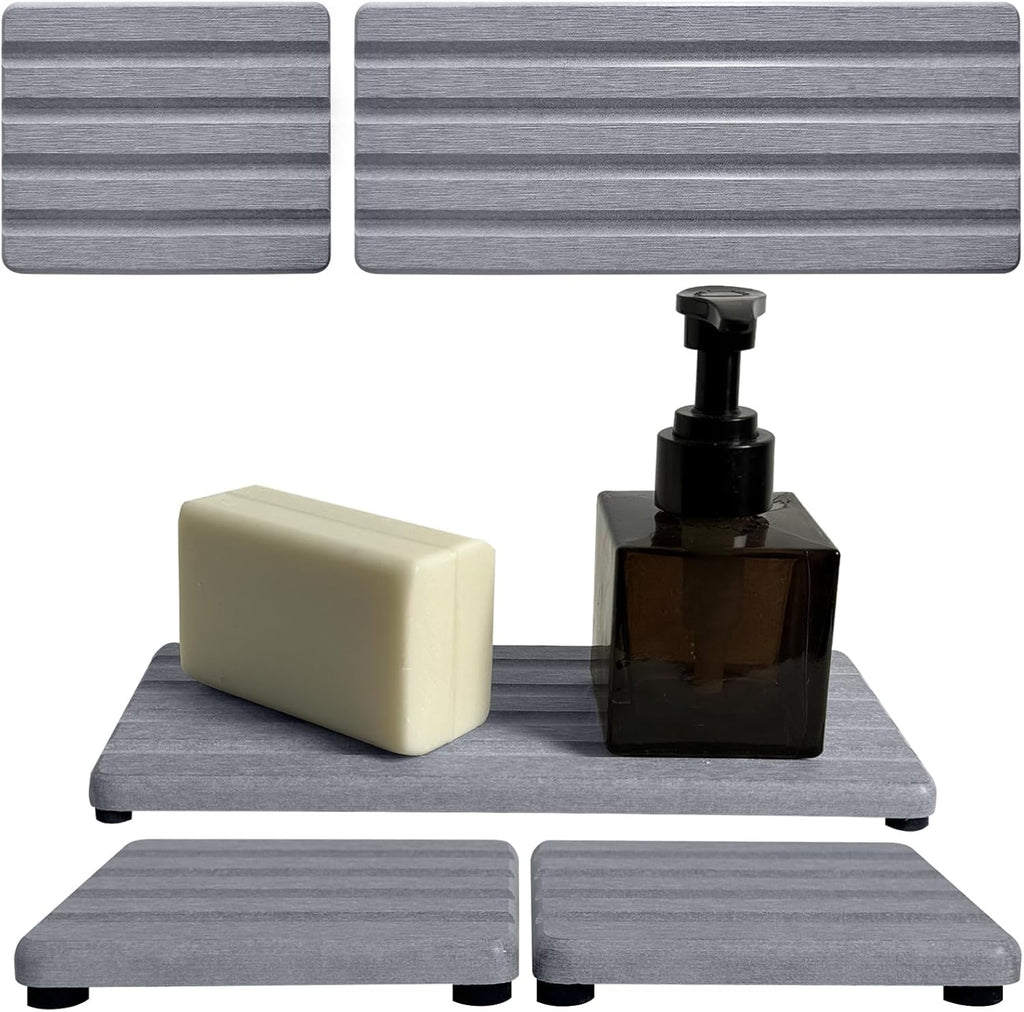 Set of 3 Diatomite Hand Soap Holder, Water Absorbing Stone Tray for Kitchen Countertop, Fast-Drying Bathroom Trays(1pcs 22 x 10cm + 2pcs 10 x 10cm Grey)