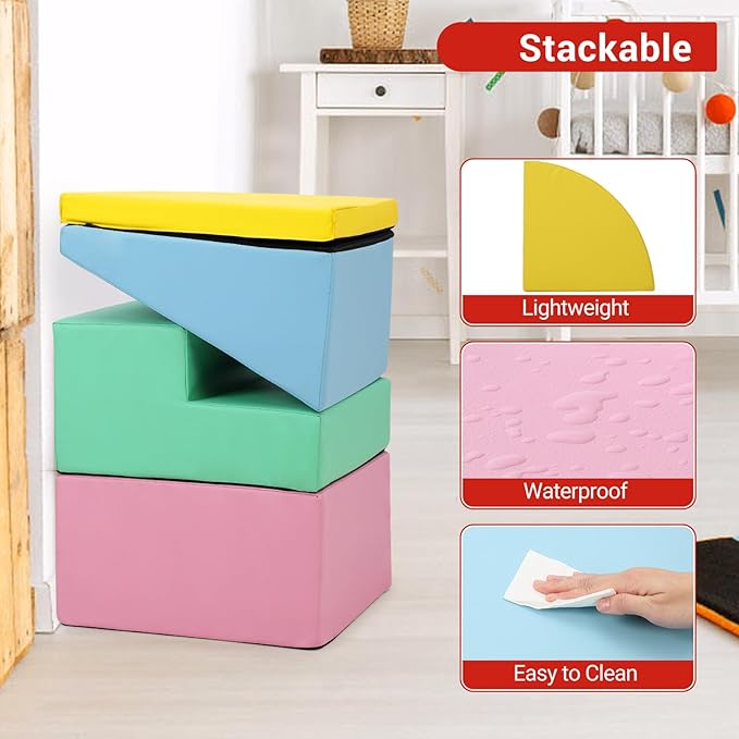4-Piece Soft PU Leather Toddlers Climbing Toys, Baby Foam Climbing Blocks for Babies Toddlers, Waterproof Foam Play Gym Climber Structures for Toddler 3, Indoor Climb and Crawl Activity Play Set