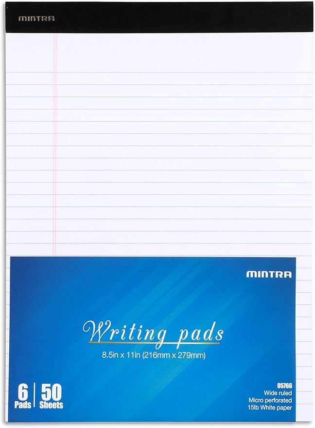 Mintra Office Legal Pads - ((BASIC WHITE 6pk, 8.5in x 11in, WIDE RULED))