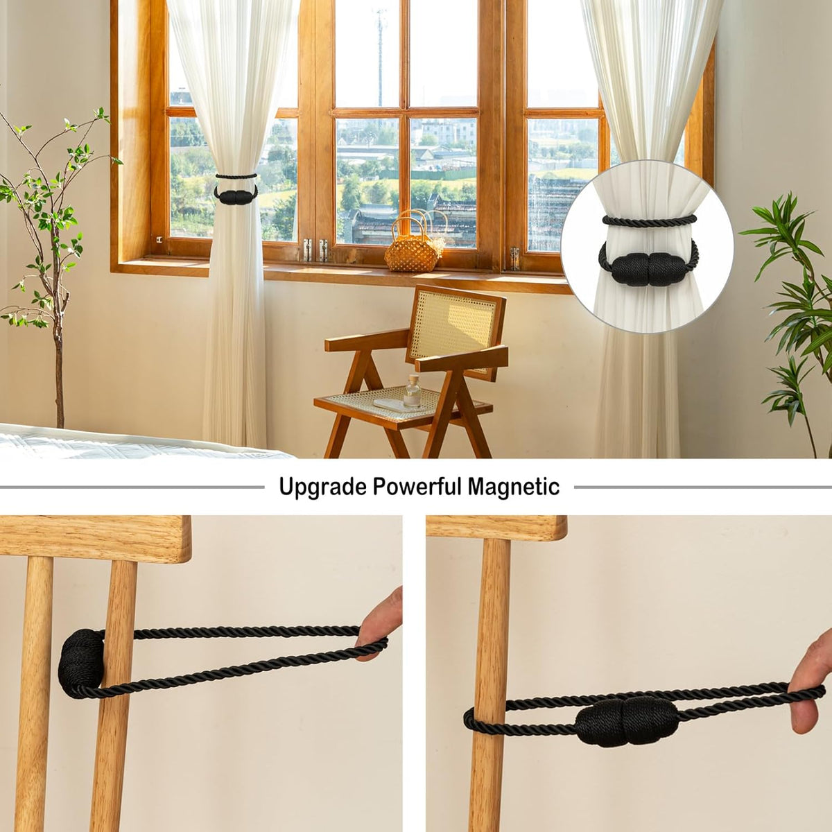 Magnetic Curtain Tiebacks Rope Curtain Tie Backs for Curtains 4 Pack Curtain Holders for Drapes Decorative Window Curtain Holdbacks, Black