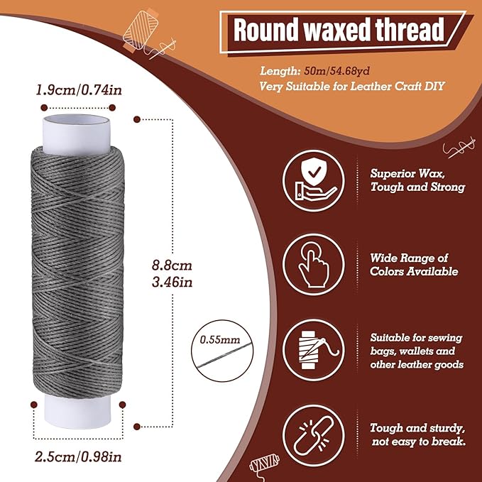 0.55 mm 54 Yards Round Waxed Thread, Waxed Thread for Leather Sewing String for Sewing, Stitching, Bookbinding, Bracelet, Braiding (Light Grey)