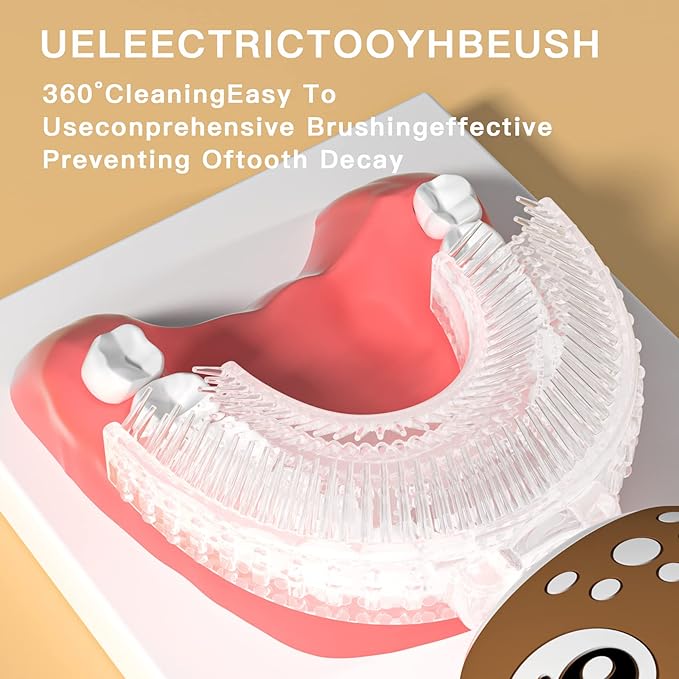 Kids Electric Toothbrushs U Shaped Sonic Automatic Toothbrush with 4 Brush Heads, Six Cleaning Modes,Cartoon Deer Modeling, Full Mouth Toothbrush for Baby