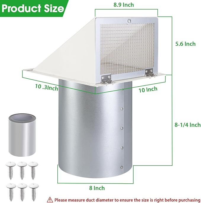 8 Inch Hooded Wall Vent with Screen and Damper,Outdoor Wall Exhaust Vent Cover Cap for Kitchen Range Hood Dryer Duct Ventilation &Exterior Air Exhaust Applications,Galvanized Steel,White