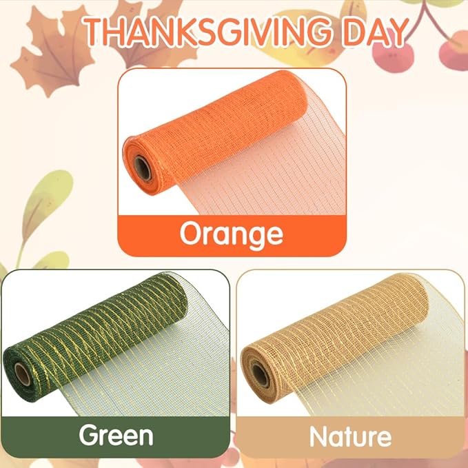 TONIFUL 10 Inch 3 Rolls Khaki/Orange/Green Decorative Mesh Ribbons, Fabric Mesh with Foil for Tree Home Front Door Wreaths Decorations Supplies, for Thanksgiving Fall（3 Colors, 10yards/ roll）
