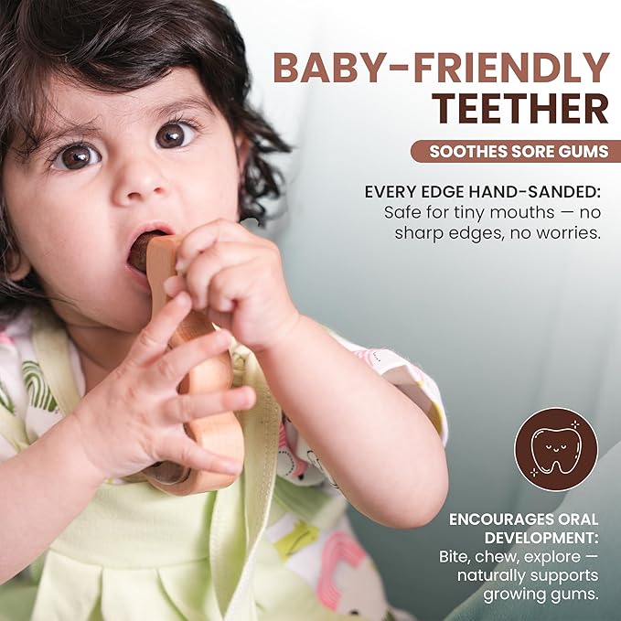 Wooden Teething Toys for Baby 0-6 Months – Organic Natural Non-Toxic Handmade Teether with Beads & Rattle for Soothing Relief – Montessori Sensory Toy for Babies, Infant Boy & Girl