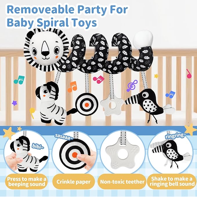 Car Seat Toys for Babies 0-6 Months,Hanging Rattle Toys for Crib Mobile, Baby Spiral Hanging Stroller Black and White High Contrast Toys for Newborn 0 3 6 9 12 Months Baby Boys Girls (Lion)