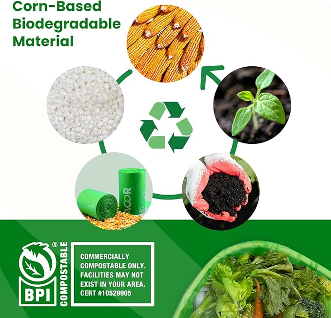 Compost Bags, Handle Tie Food Scrap Bags 3 Gallon,100 Count,Certified by BPI and ASTM D6400, Kitchen Compost Bin Compatible