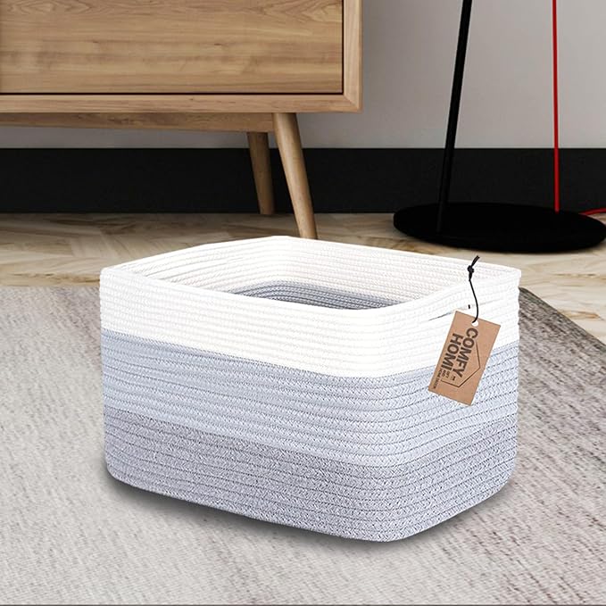 COMFY-HOMI Cotton Rope Woven Basket with Handles for Shelves,Toys,Book, Cloth Storage Baskets Bin for Organizing-13.5"x11"x9.5" Toy Decorative Organizer for Living Room, Bathroom-White/3Tone Grey