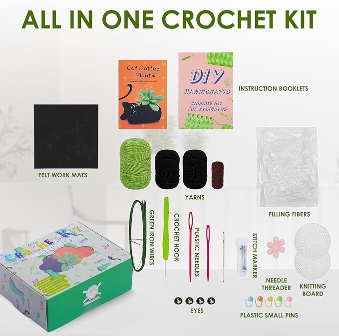 KularStock Beginner Crochet Kit - Black Cat Animal Crochet Kit for Beginners with Yarn, Hooks, Accessories, and Patterns, Knitting & Crocheting Starter Kit for Adults & Kids