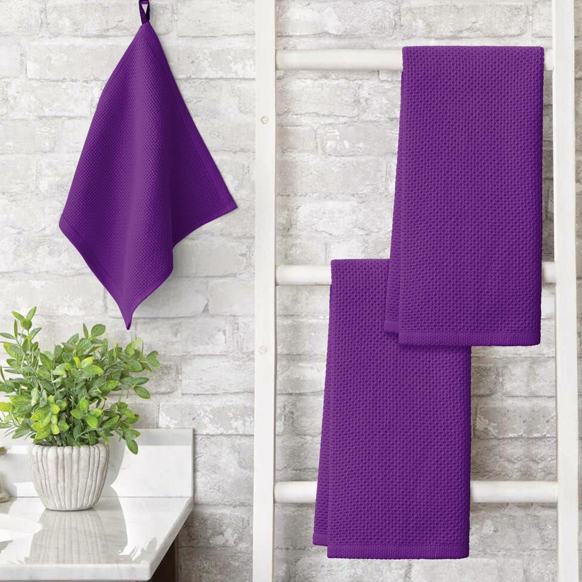 Artoid Mode 100% Cotton Purple Waffle Weave Kitchen Dish Cloths, 13x28 Inch Ultra Soft Absorbent Quick Drying Kitchen Dish Towels Set of 4