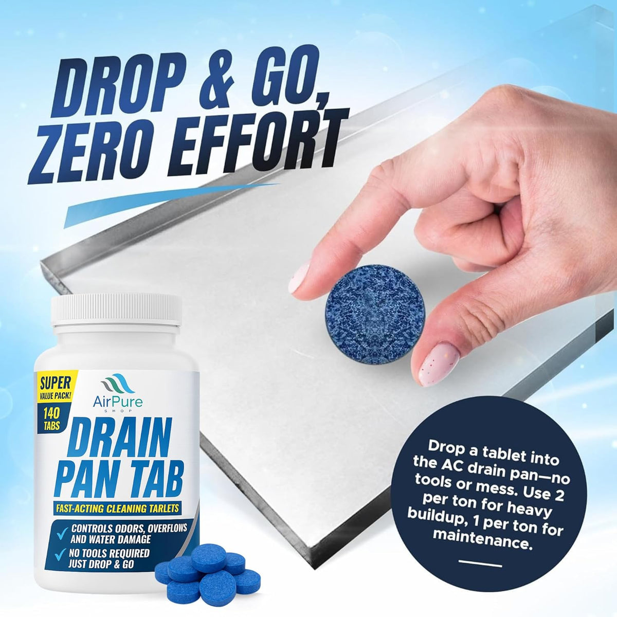 Air Pure Drain Pan Tabs - 140 Flow Treatment Tablets for HVAC & AC Condensate Pan Treatment | Prevents Overflow, Cleans Drain Lines, & Eliminates Odors