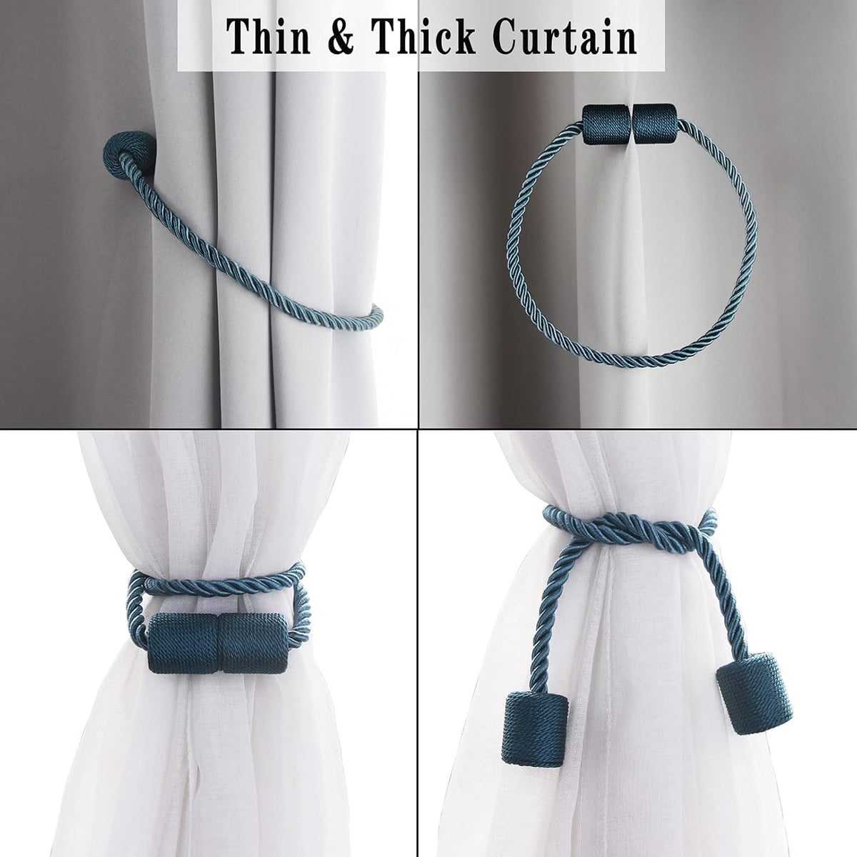 4 Pack Blue Strong Magnetic Curtain Tiebacks Outdoor Elegant Decorative Tie Backs Modern Rope Tiebacks for Drapes Window Curtain Holdbacks for Draperies